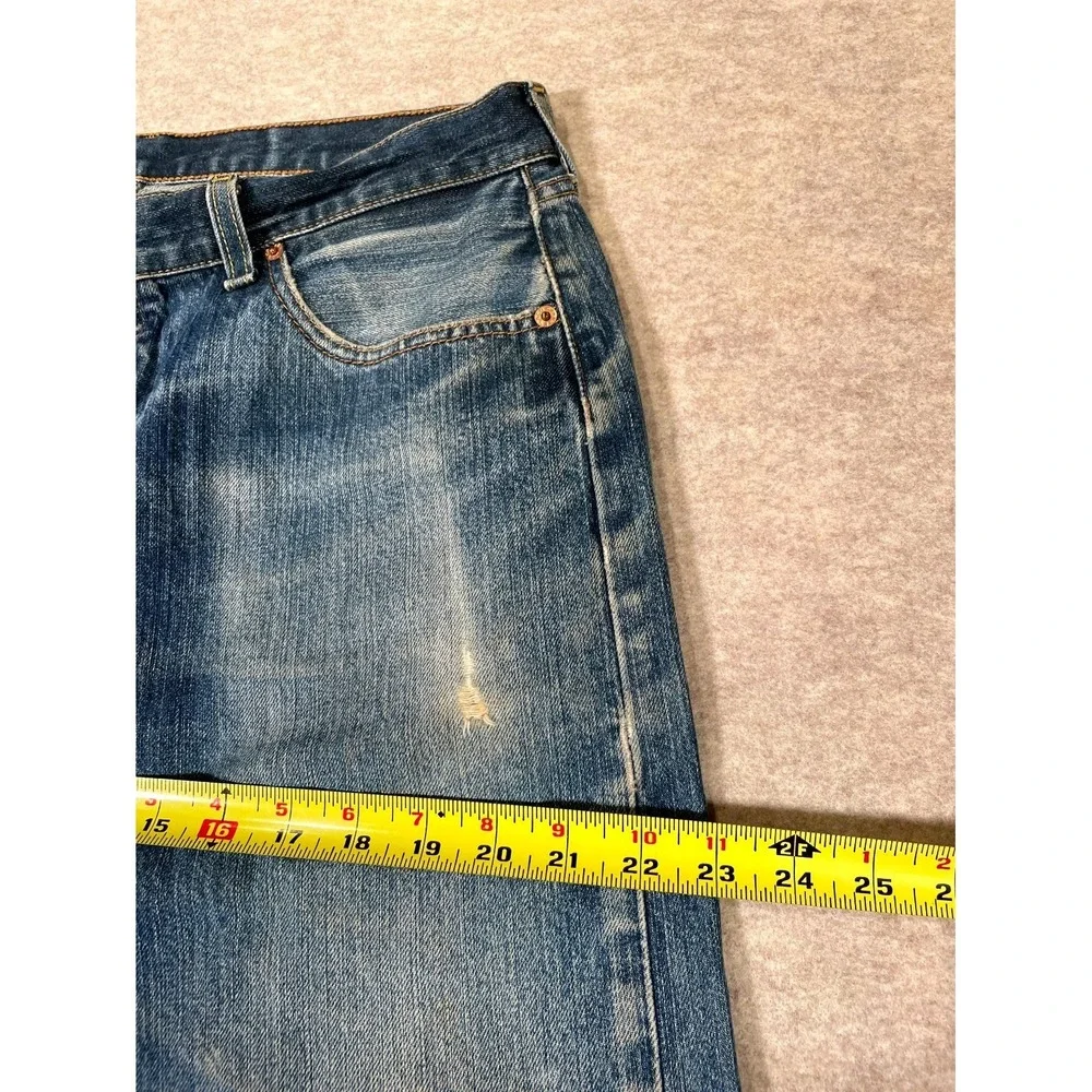 Levis 501 Original Fit‎ Straight Jeans Mens 36x34 Blue Denim Cotton Frayed Hem
